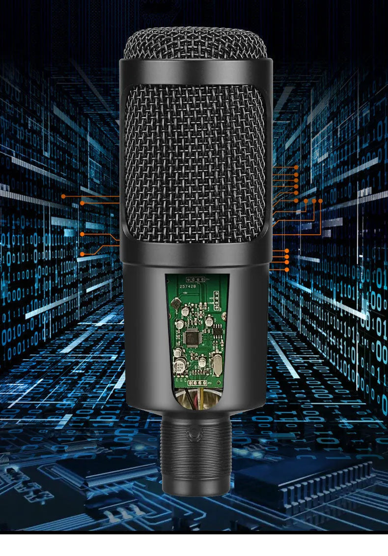 Black condenser microphone with mounting bracket for computer recording setup