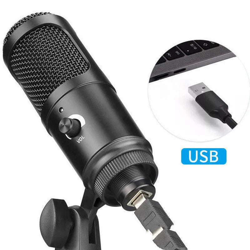 Black condenser microphone with mounting bracket for computer recording setup