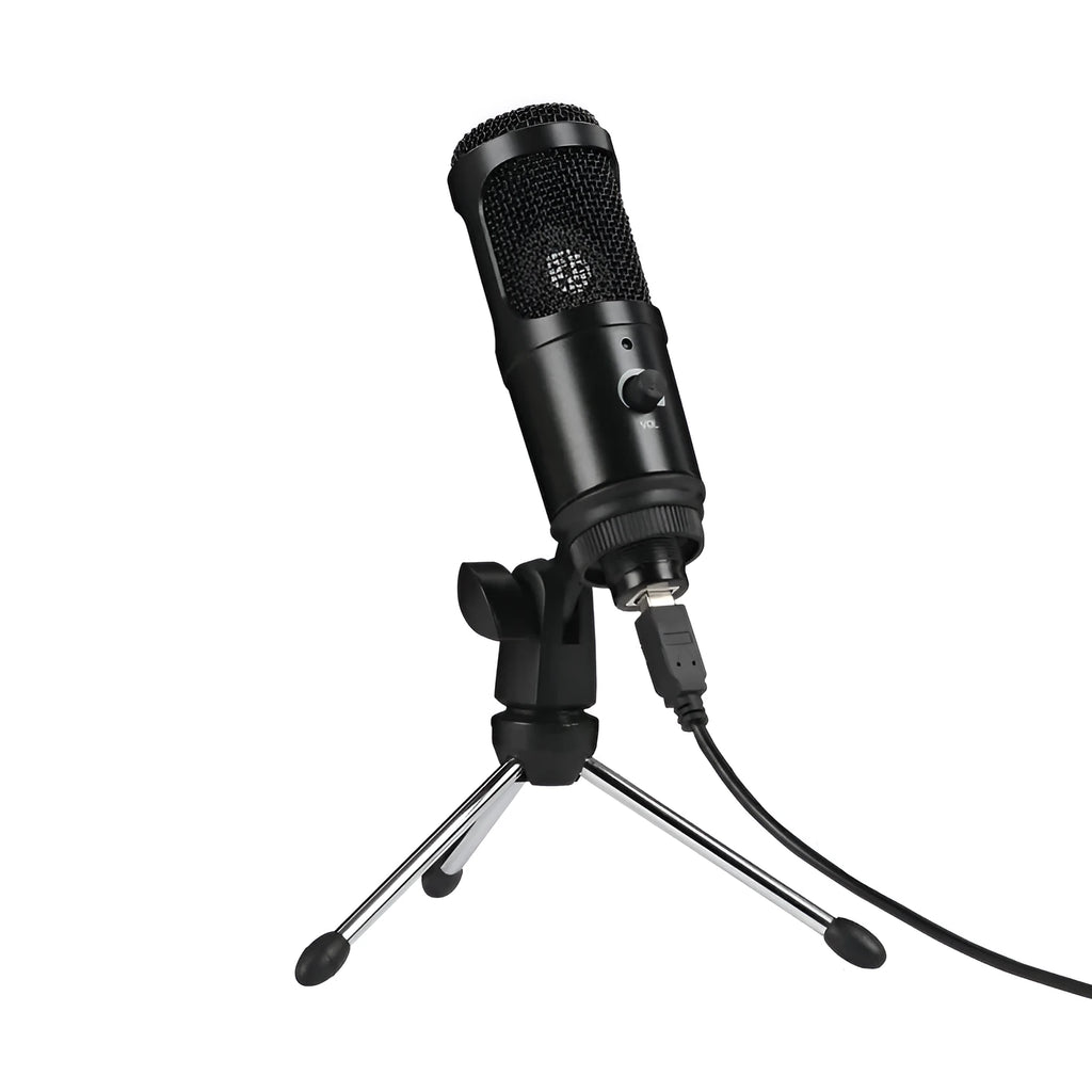 Black condenser microphone with mounting bracket for computer recording setup