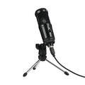 Black condenser microphone with mounting bracket for computer recording setup