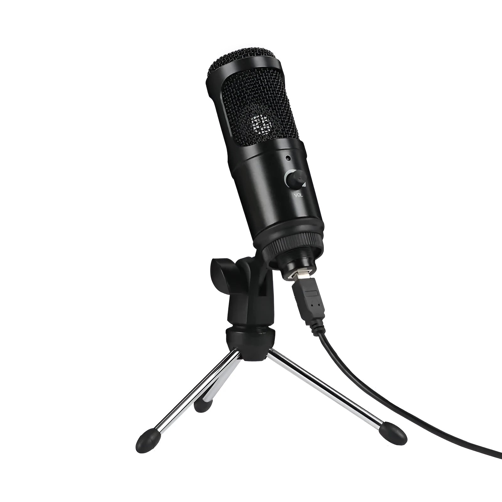 Black condenser microphone with mounting bracket for computer recording setup