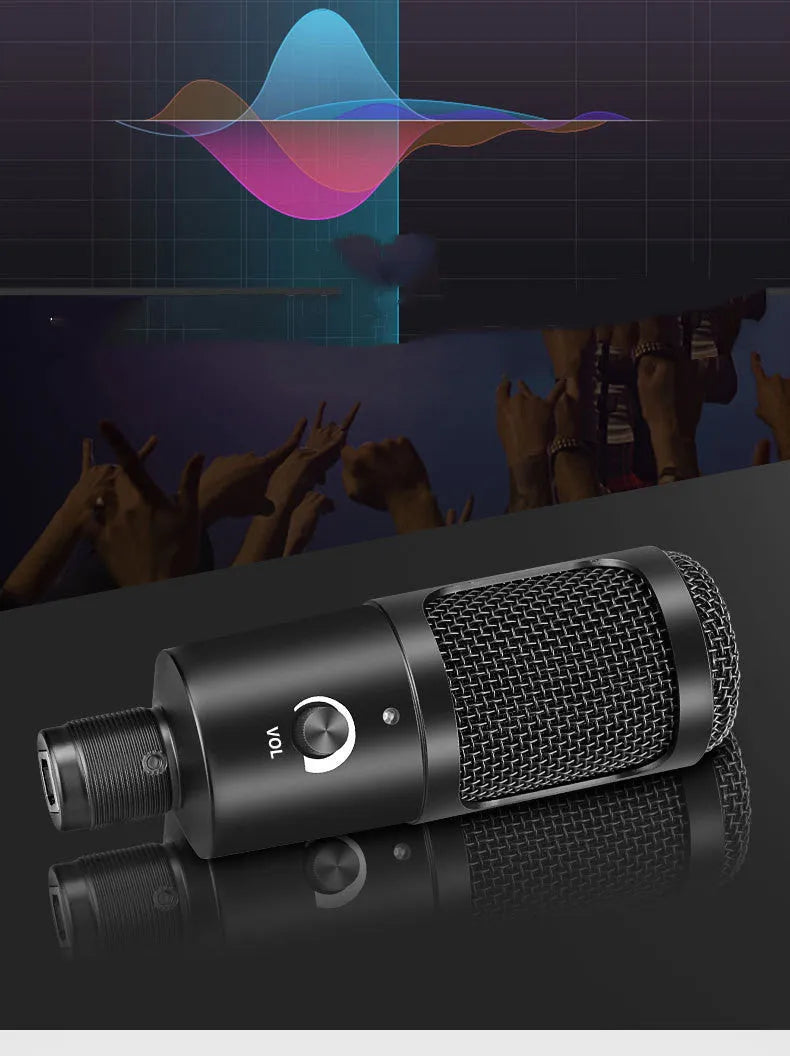 Black condenser microphone with mounting bracket for computer recording setup
