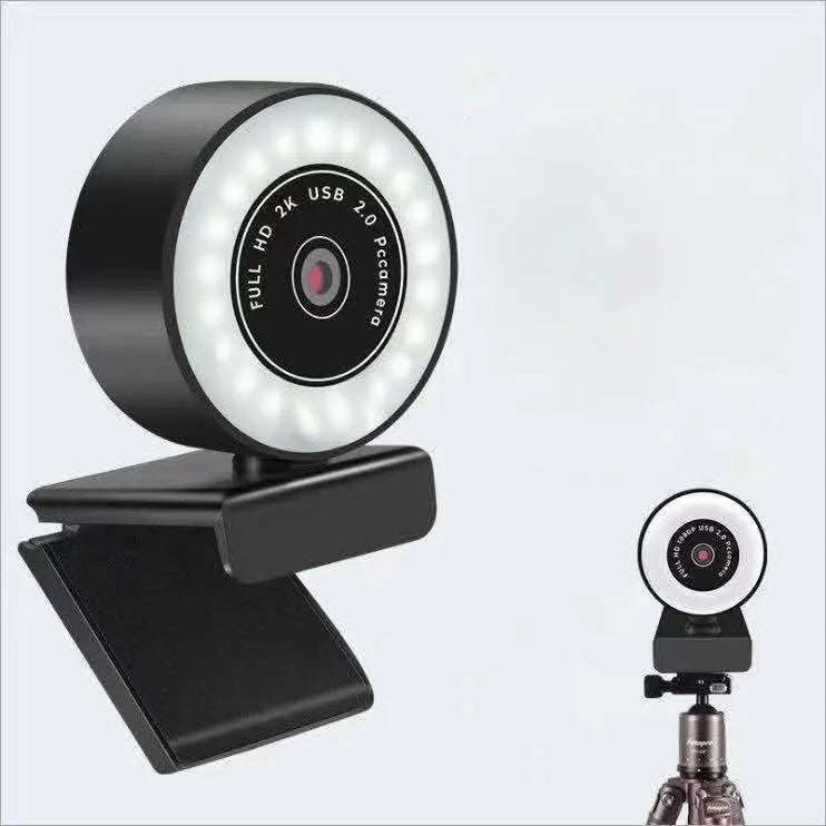 Black USB computer webcam with built-in fill light and microphone for 1080p HD video calls.