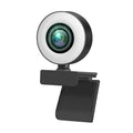 Black USB computer webcam with built-in fill light and microphone for 1080p HD video calls.