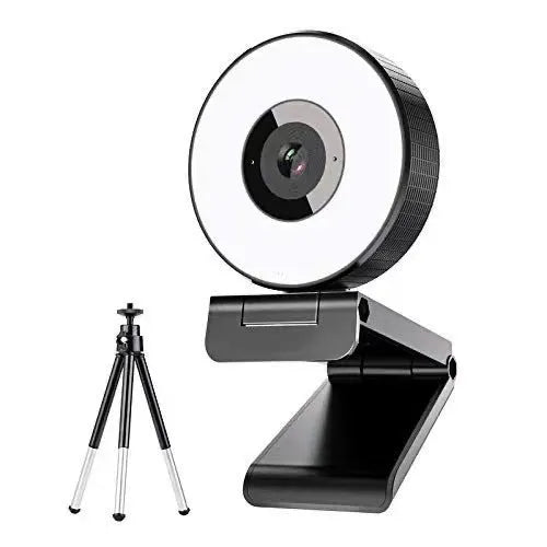 Black USB computer webcam with built-in fill light and microphone for 1080p HD video calls.