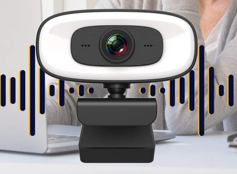 Black USB computer webcam with 2K resolution and 4 megapixel CMOS sensor