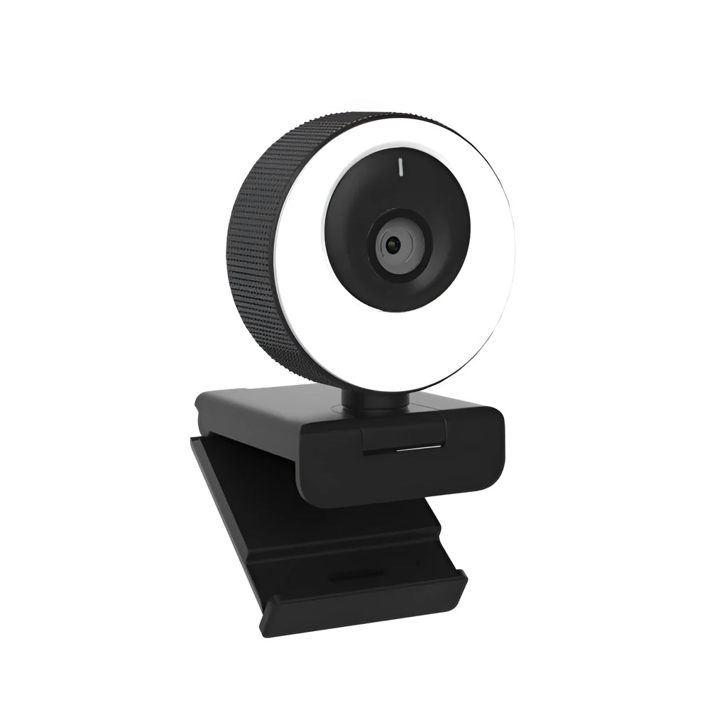 Black USB webcam with magnetic privacy cover on a laptop, showing 1080p resolution and built-in microphone