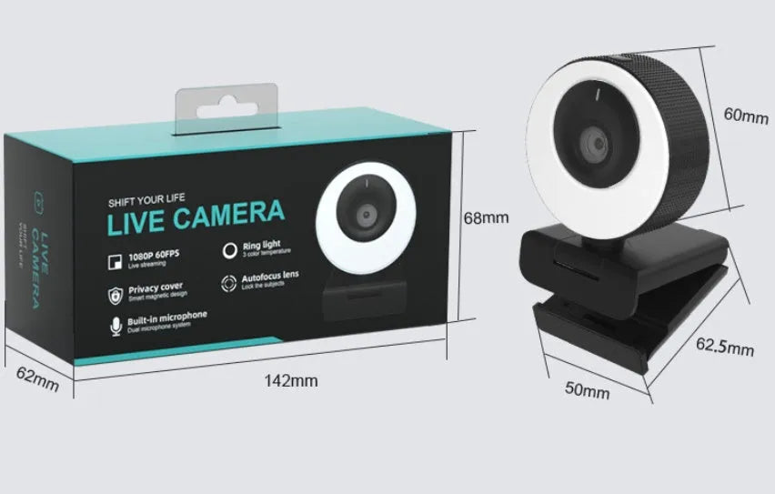 Black USB webcam with magnetic privacy cover on a laptop, showing 1080p resolution and built-in microphone