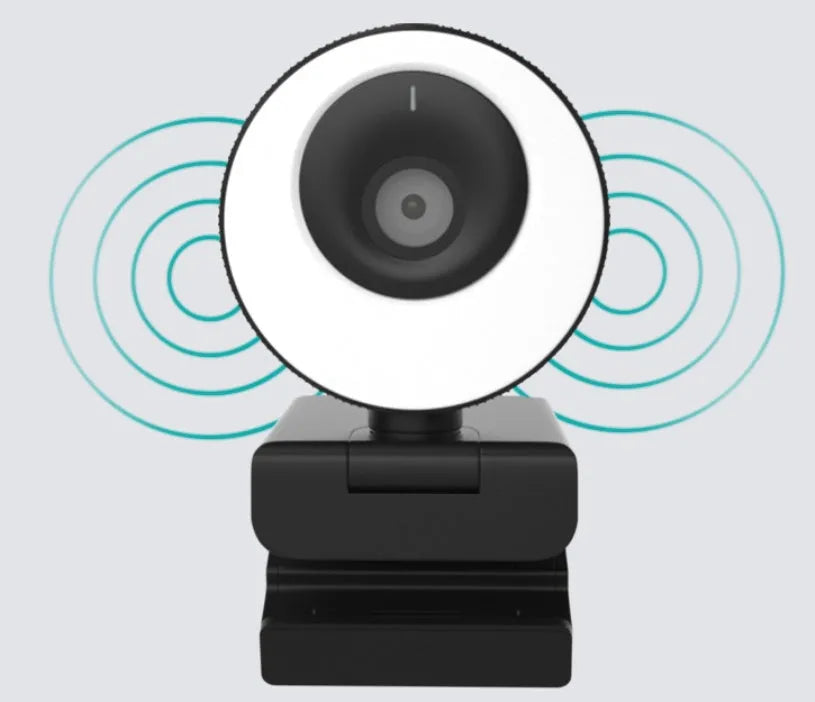 Black USB webcam with magnetic privacy cover on a laptop, showing 1080p resolution and built-in microphone