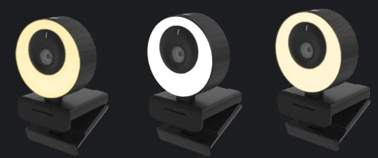 Black USB webcam with magnetic privacy cover on a laptop, showing 1080p resolution and built-in microphone