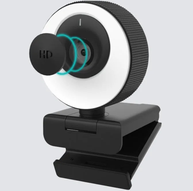 Black USB webcam with magnetic privacy cover on a laptop, showing 1080p resolution and built-in microphone