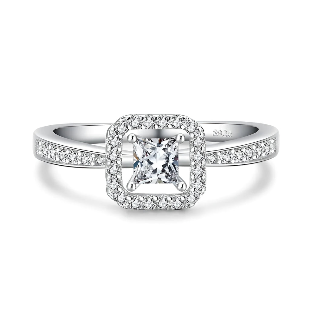 Square hollow 925 sterling silver ring with synthetic zirconia inlay on silver background