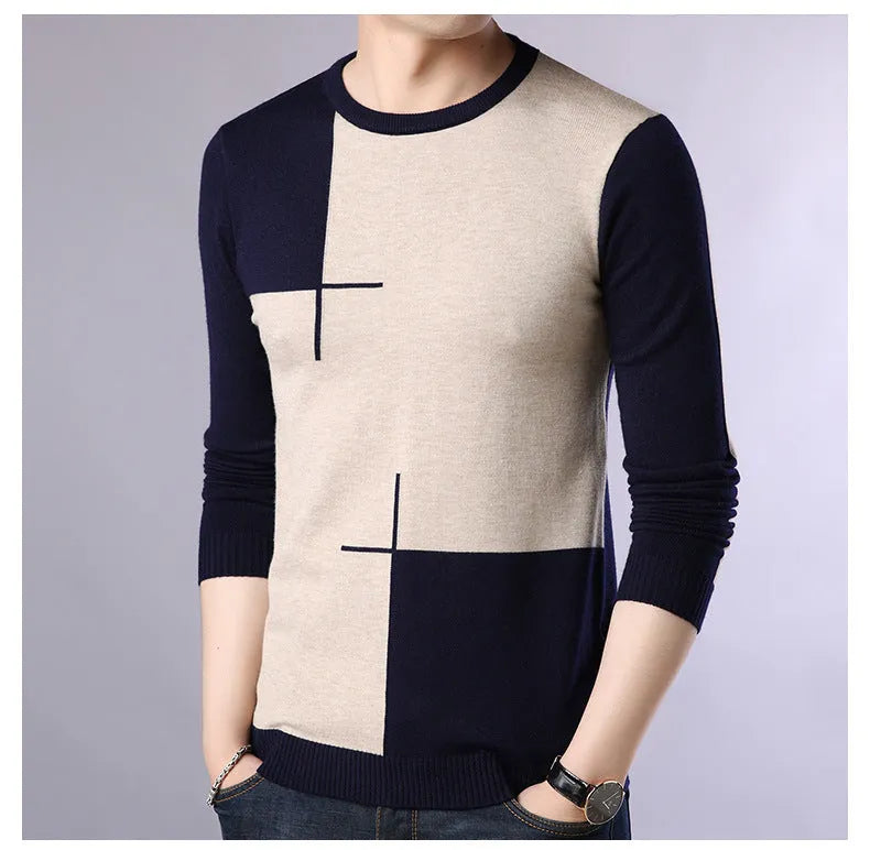 Men's wool crew neck pullover sweater in dark blue, shown on a model