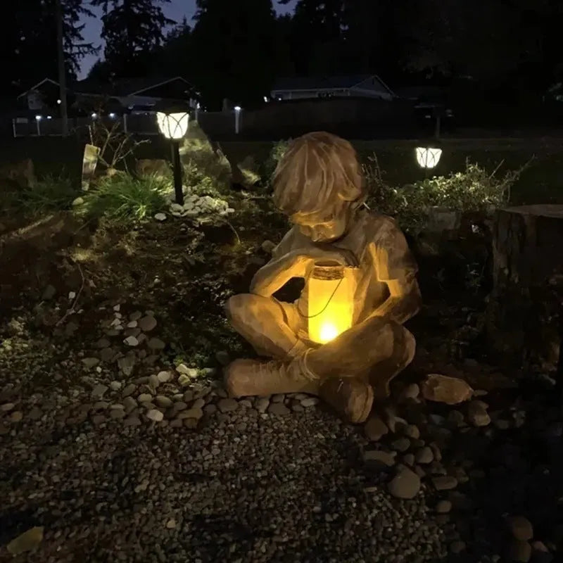 Handmade natural resin boy garden decoration tabletop sculpture brown colour