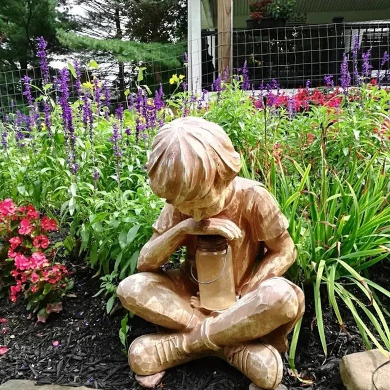 Handmade natural resin boy garden decoration tabletop sculpture brown colour