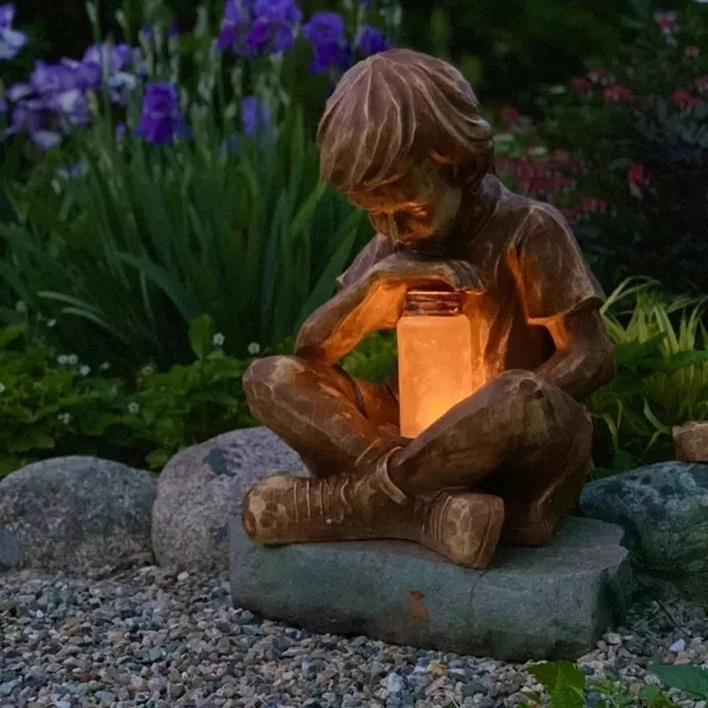 Handmade natural resin boy garden decoration tabletop sculpture brown colour
