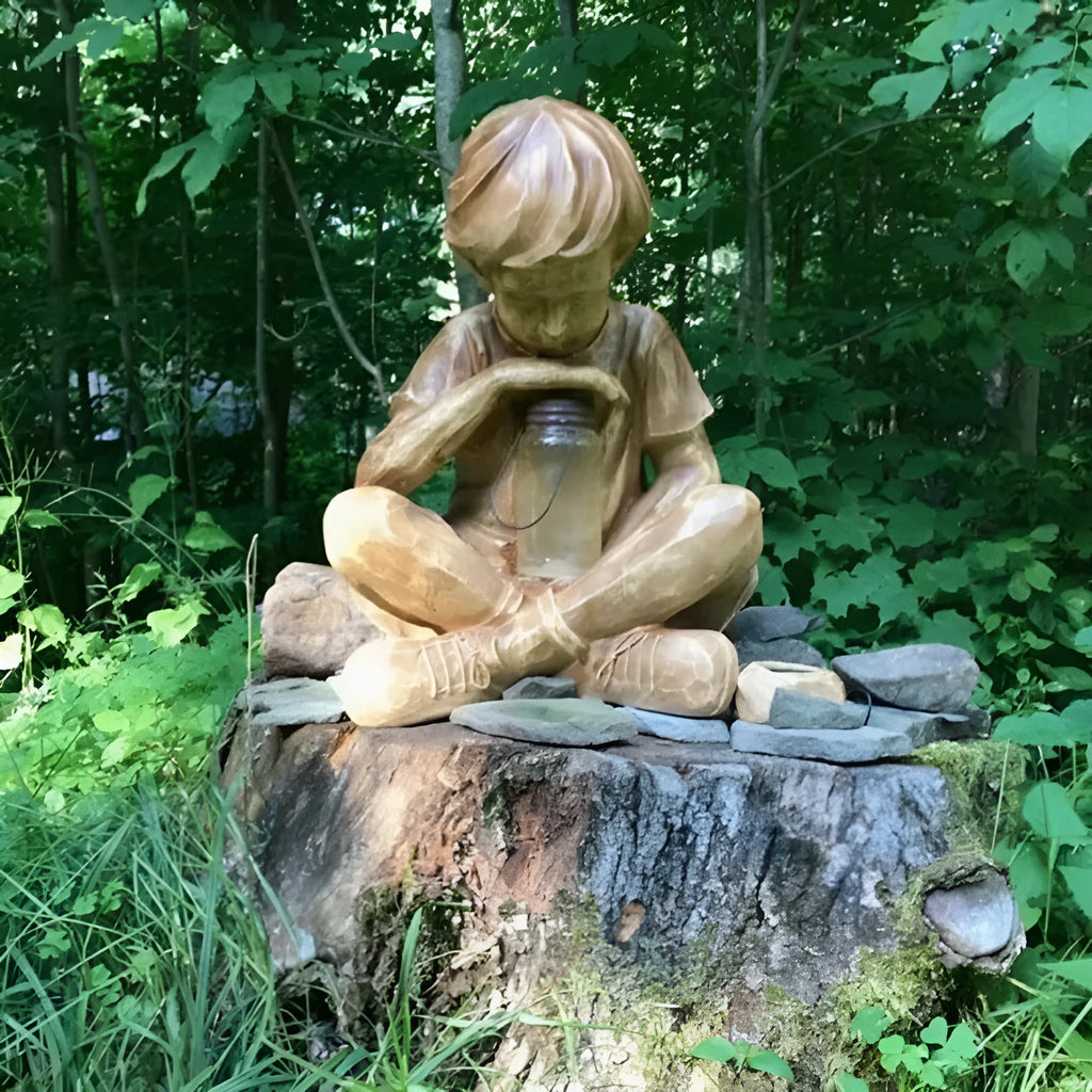 Handmade natural resin boy garden decoration tabletop sculpture brown colour