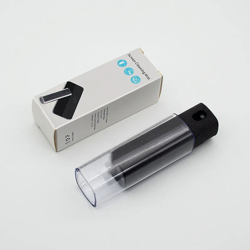 Portable all-in-one screen cleaner kit with built-in microfiber wipe and 10ml fluid bottle in a protective case.