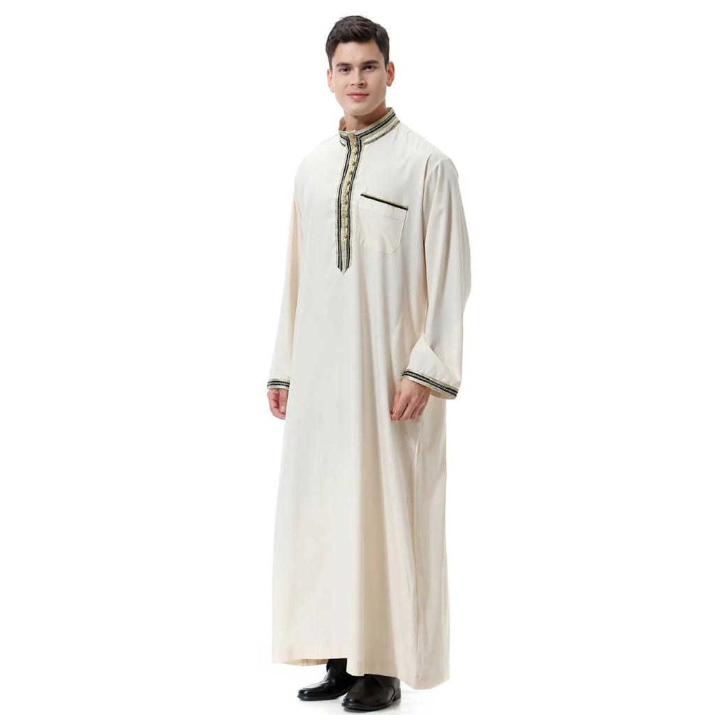 Men's white hemp blend applique stand collar robe for Middle Eastern traditional wear TH810