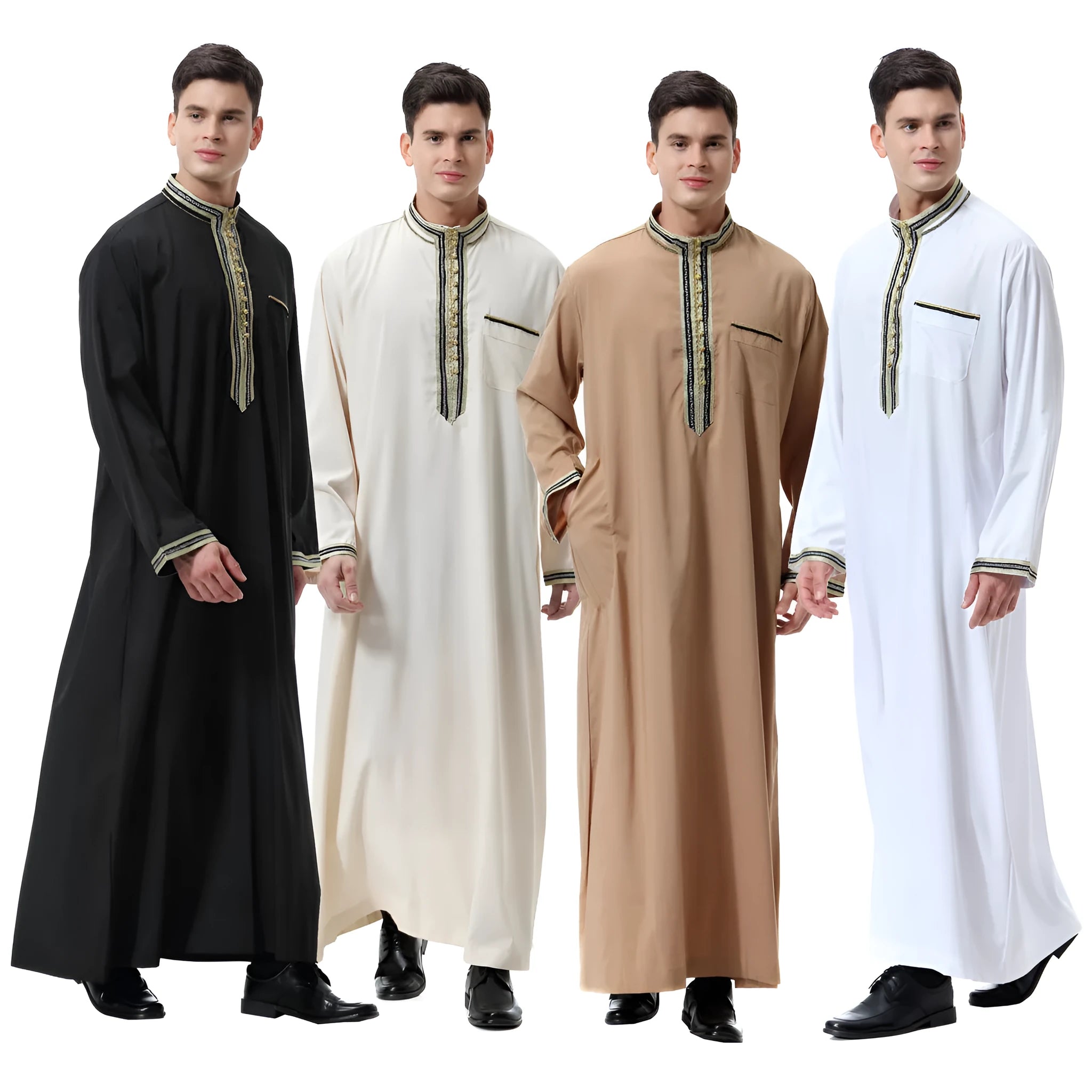 Men's white hemp blend applique stand collar robe for Middle Eastern traditional wear TH810