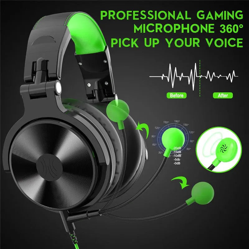 Oneodio Pro G green wired gaming headset with over-ear design and built-in microphone