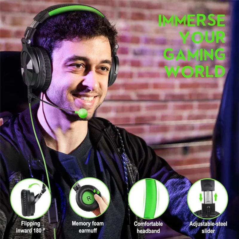 Oneodio Pro G green wired gaming headset with over-ear design and built-in microphone