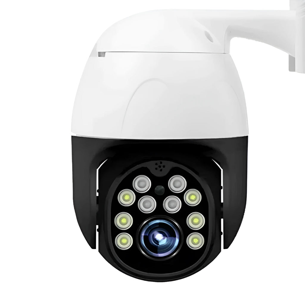 1080P wireless outdoor security camera with 2MP CMOS sensor, 3.6mm lens, 355° PTZ, and 50m infrared night vision, ABS housing.