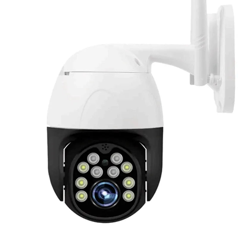 1080P wireless outdoor security camera with 2MP CMOS sensor, 3.6mm lens, 355° PTZ, and 50m infrared night vision, ABS housing.