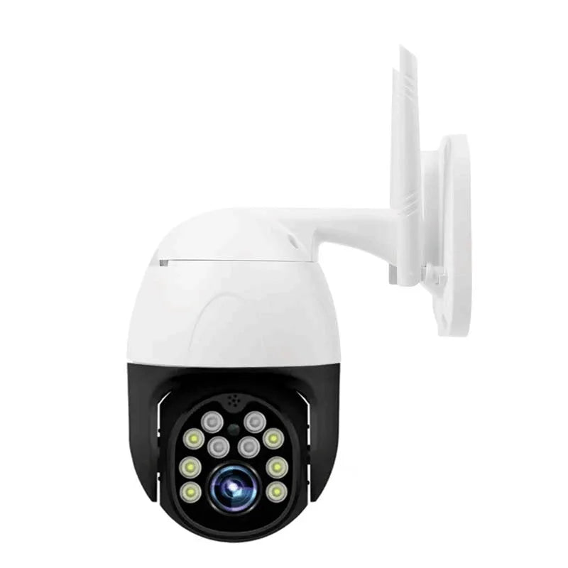 1080P wireless outdoor security camera with 2MP CMOS sensor, 3.6mm lens, 355° PTZ, and 50m infrared night vision, ABS housing.