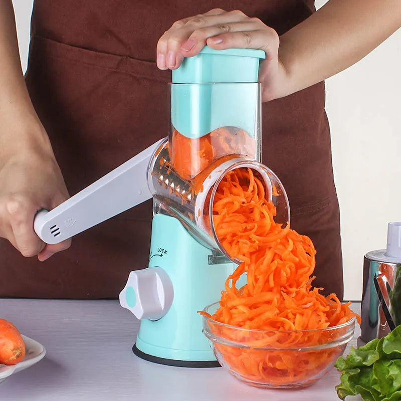 Multi-function food processor vegetable chopper with suction cup base in kitchen setting
