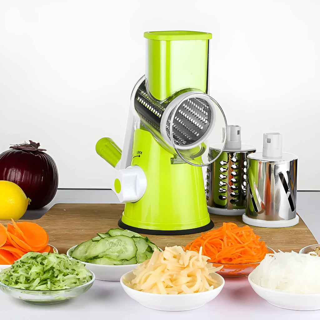 Multi-function food processor vegetable chopper with suction cup base in kitchen setting