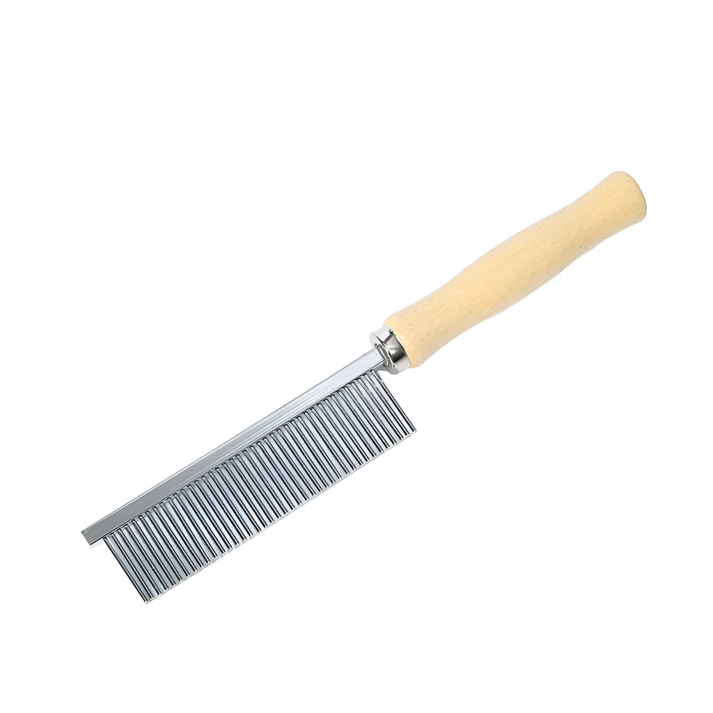 Single-row pet grooming comb with wooden handle and 40 steel needle teeth, 19.5 x 3cm, silver
