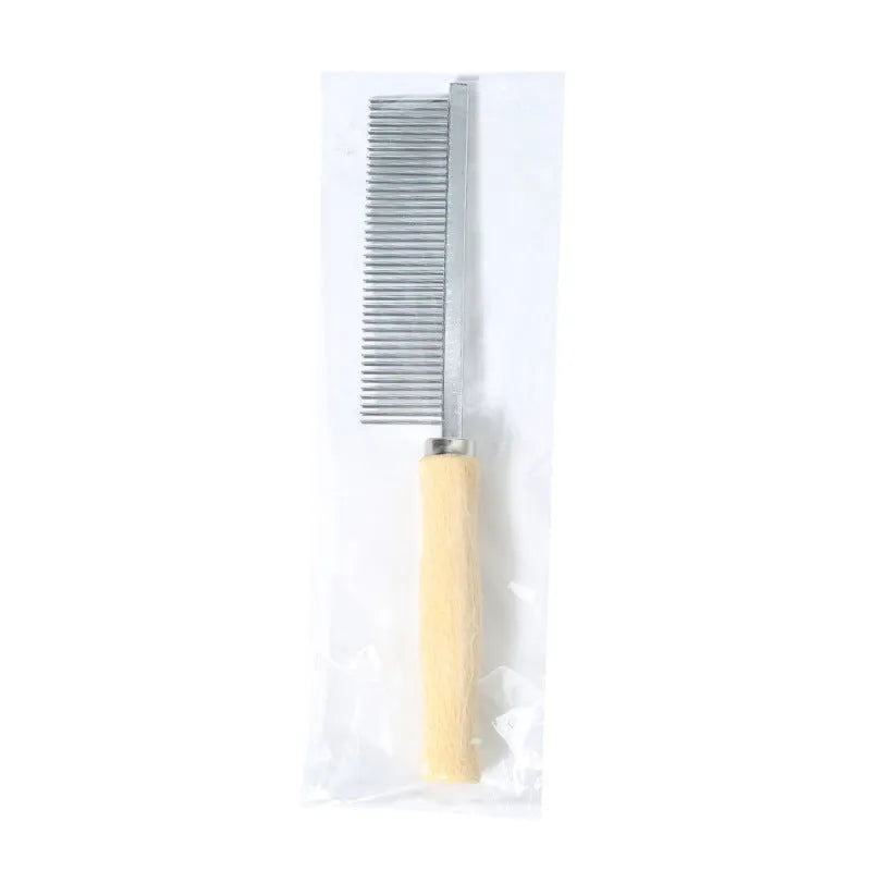 Single-row pet grooming comb with wooden handle and 40 steel needle teeth, 19.5 x 3cm, silver