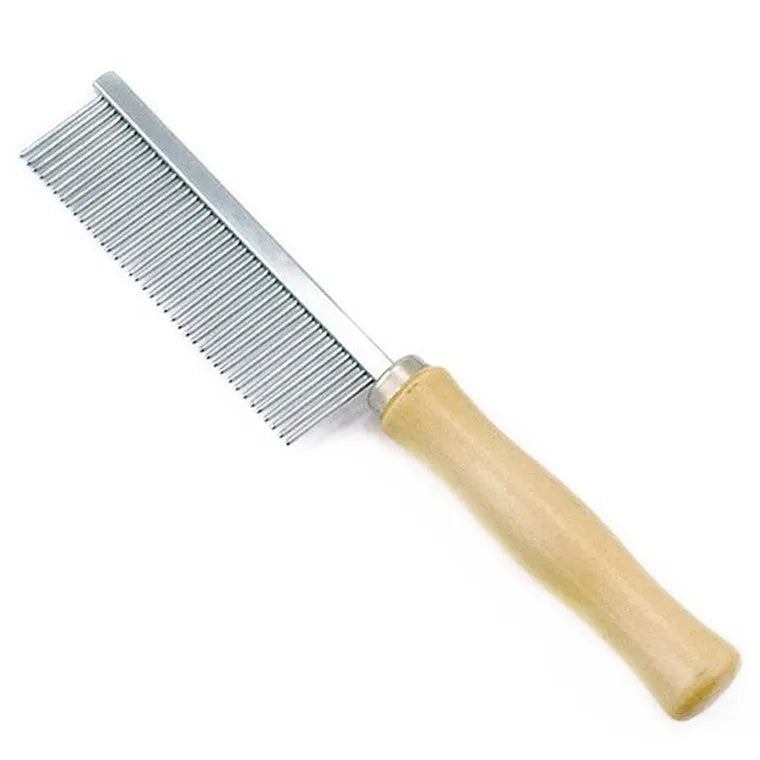 Single-row pet grooming comb with wooden handle and 40 steel needle teeth, 19.5 x 3cm, silver