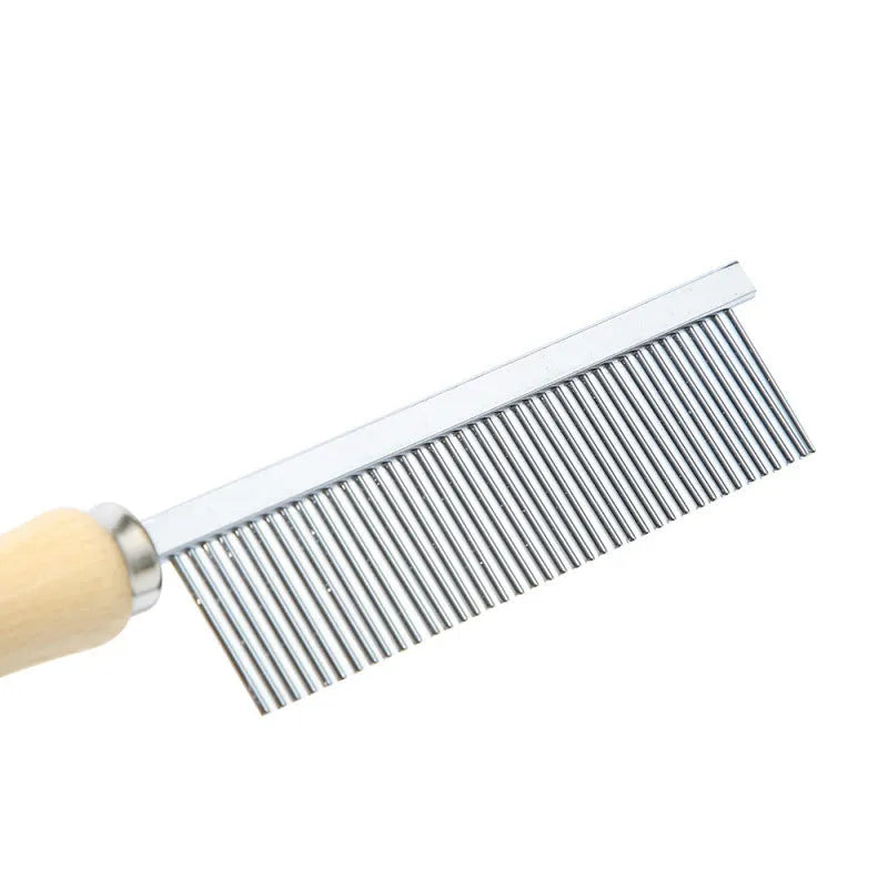 Single-row pet grooming comb with wooden handle and 40 steel needle teeth, 19.5 x 3cm, silver