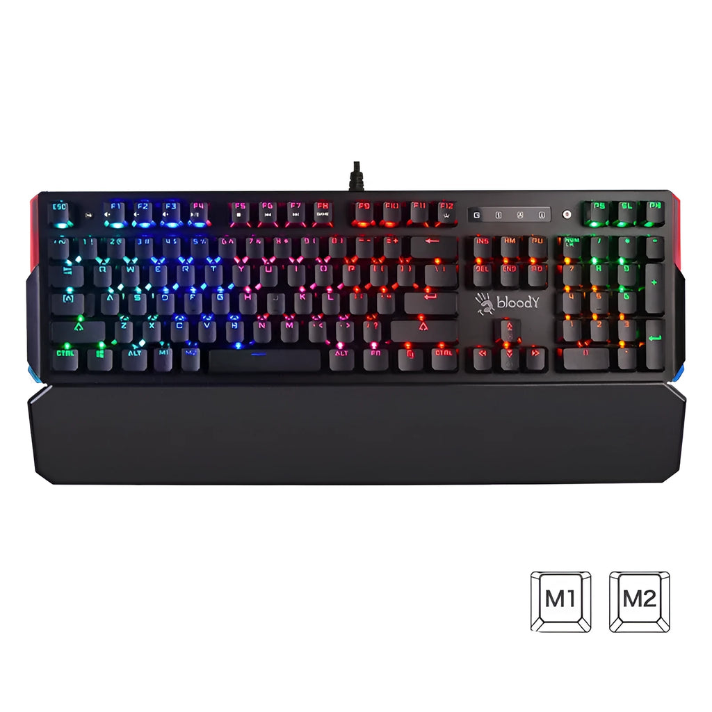 Optical axis mechanical keyboard with green switches, 104 keys, wired USB, metal construction, seven-color backlight, and wrist rest