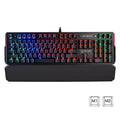 Optical axis mechanical keyboard with green switches, 104 keys, wired USB, metal construction, seven-color backlight, and wrist rest