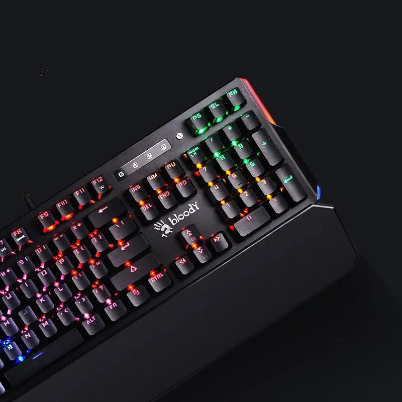 Optical axis mechanical keyboard with green switches, 104 keys, wired USB, metal construction, seven-color backlight, and wrist rest