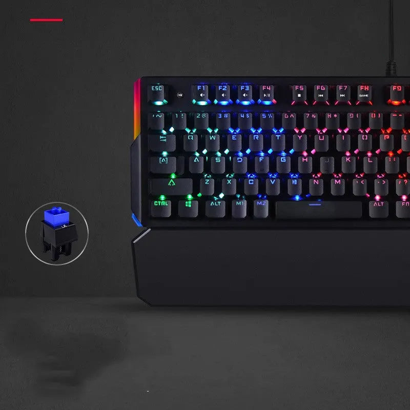 Optical axis mechanical keyboard with green switches, 104 keys, wired USB, metal construction, seven-color backlight, and wrist rest