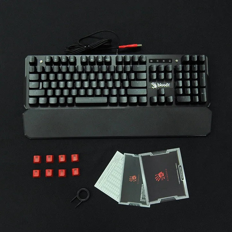 Optical axis mechanical keyboard with green switches, 104 keys, wired USB, metal construction, seven-color backlight, and wrist rest