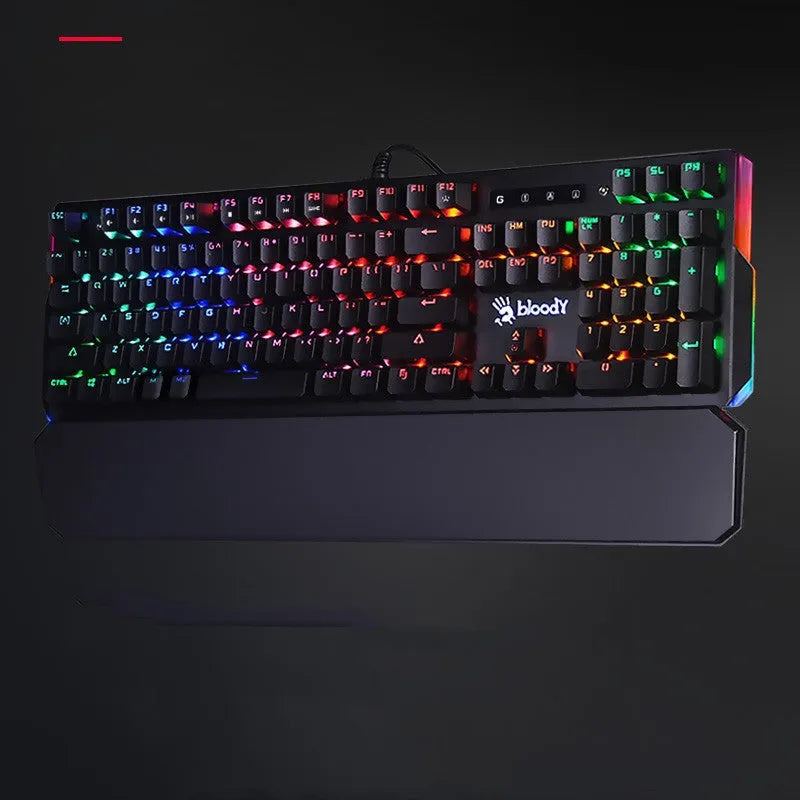 Optical axis mechanical keyboard with green switches, 104 keys, wired USB, metal construction, seven-color backlight, and wrist rest