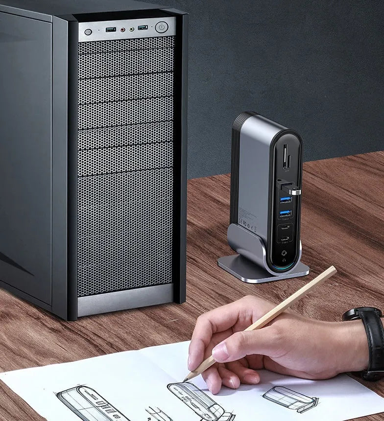 Deep space grey 16-in-1 Type-C workstation docking station hub with multiple ports.