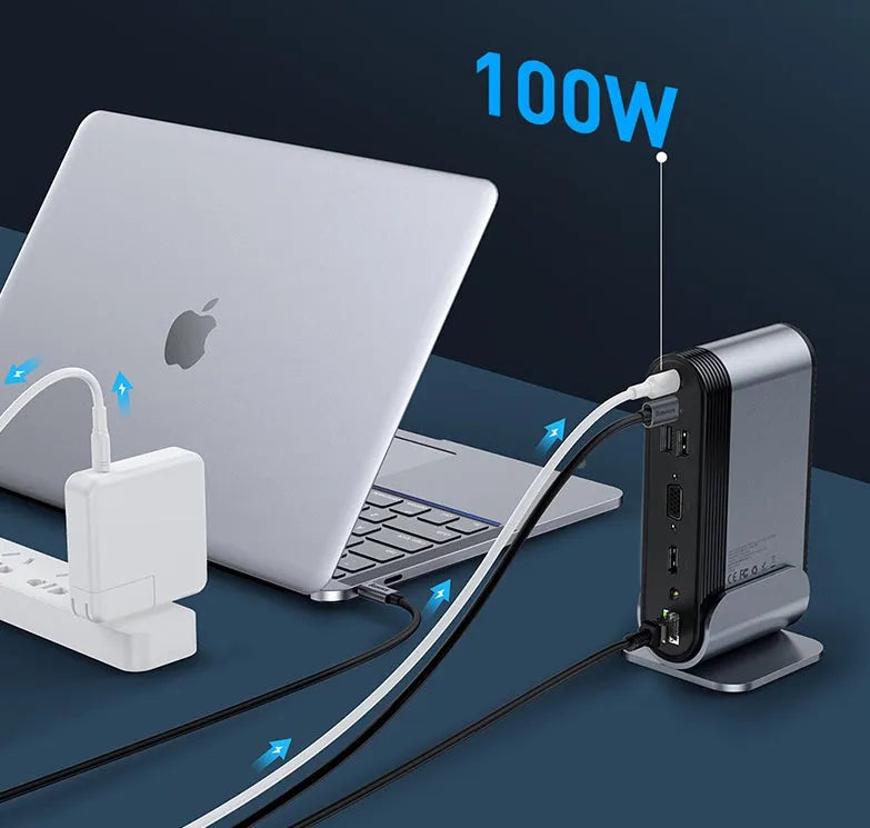 Deep space grey 16-in-1 Type-C workstation docking station hub with multiple ports.