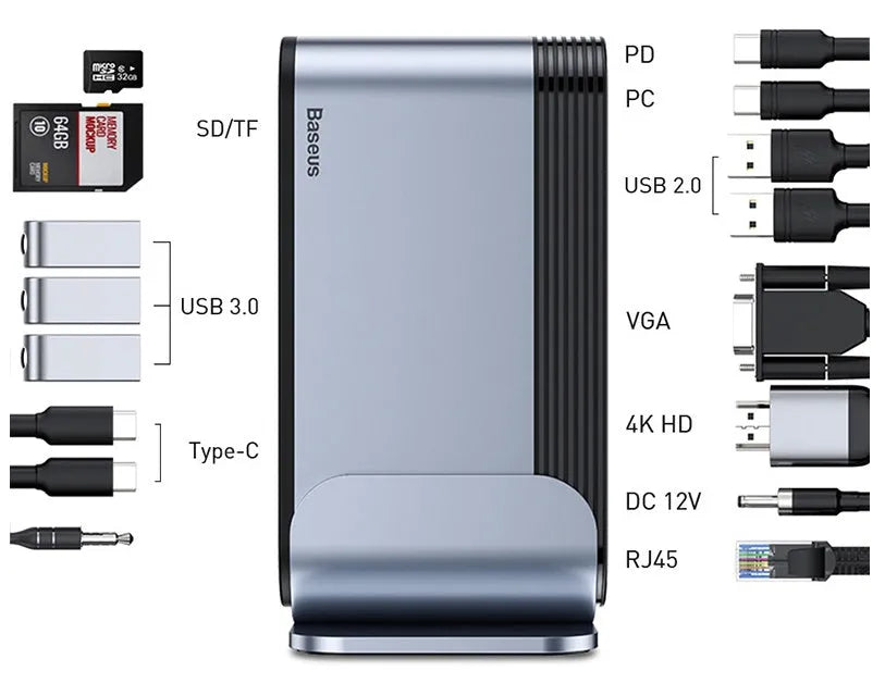 Deep space grey 16-in-1 Type-C workstation docking station hub with multiple ports.