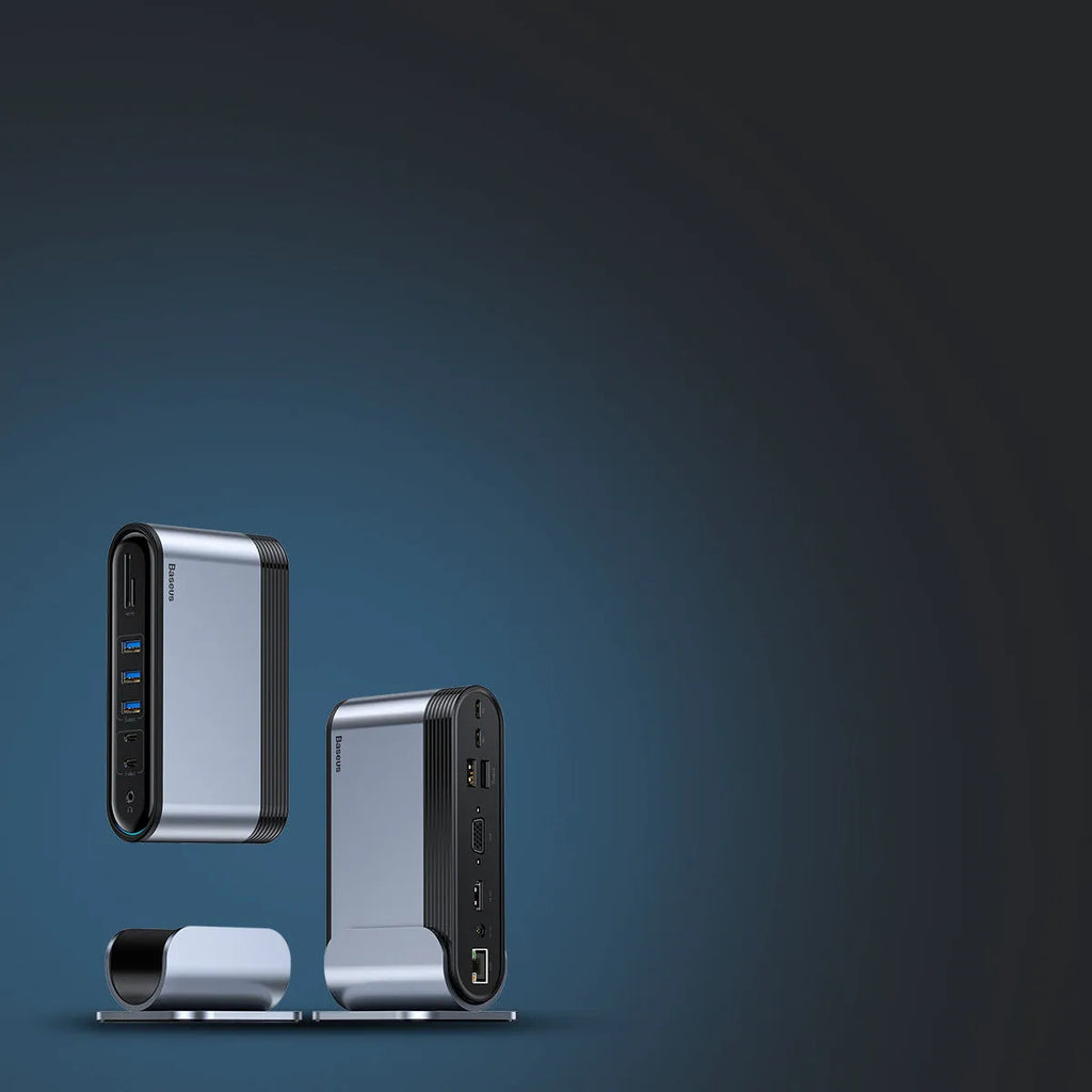 Deep space grey 16-in-1 Type-C workstation docking station hub with multiple ports.