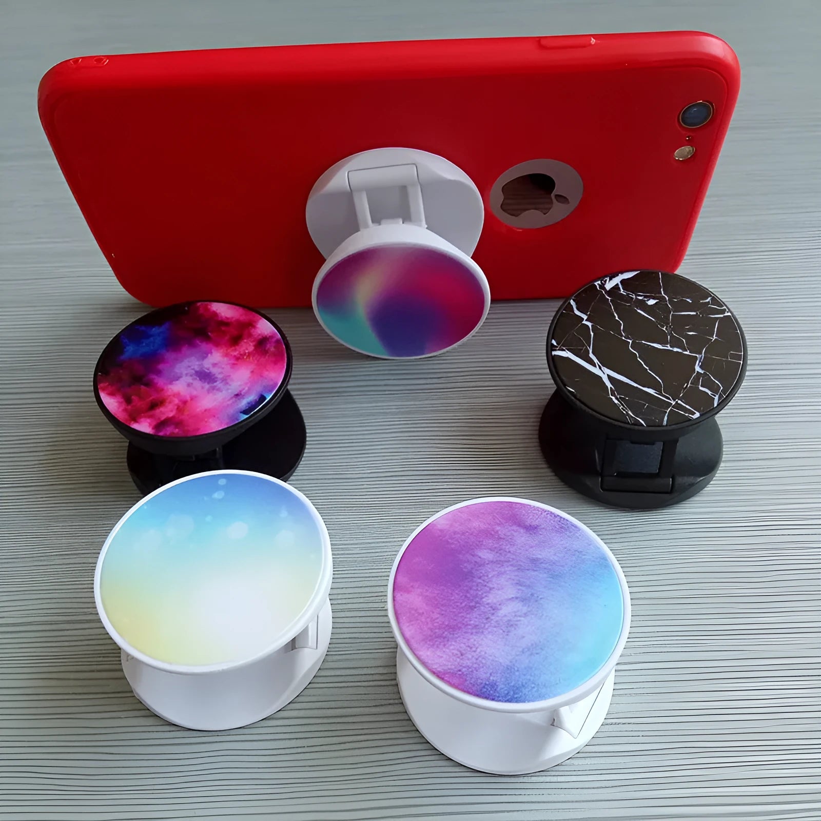 Folding mobile phone holder showing five colour options and thermal transfer aluminium sheet style