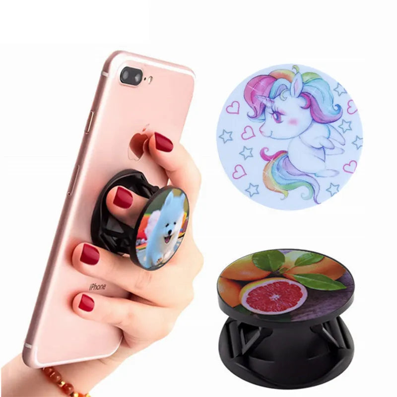 Folding mobile phone holder showing five colour options and thermal transfer aluminium sheet style