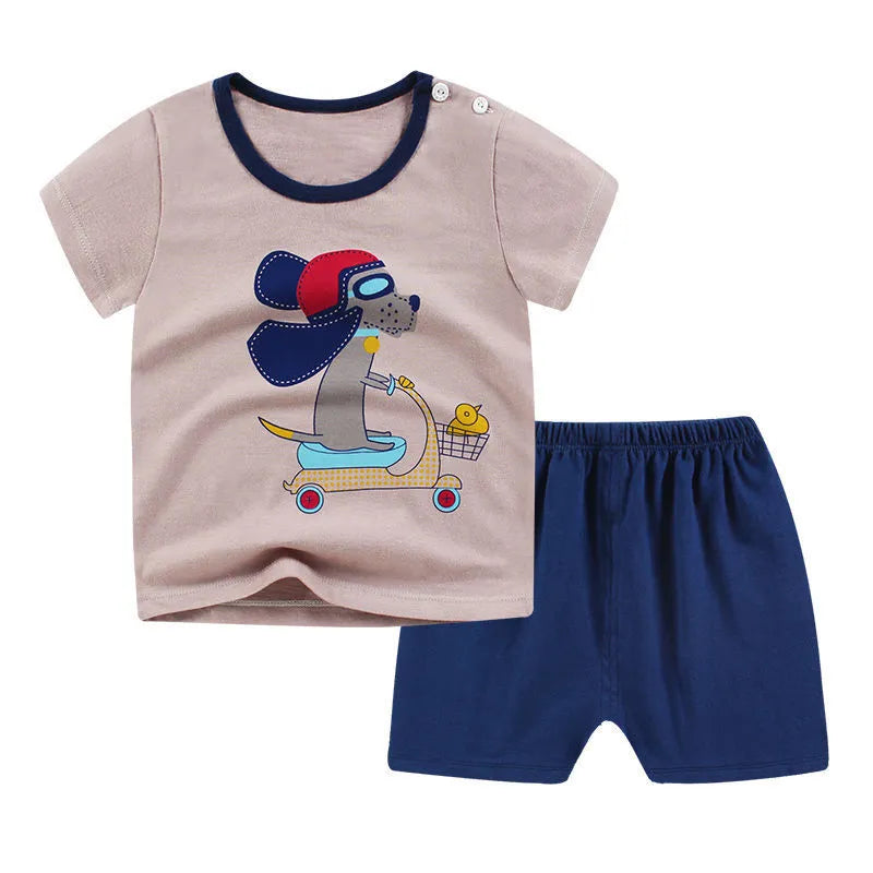Cotton short sleeve top and shorts set for babies with cartoon elephant print.