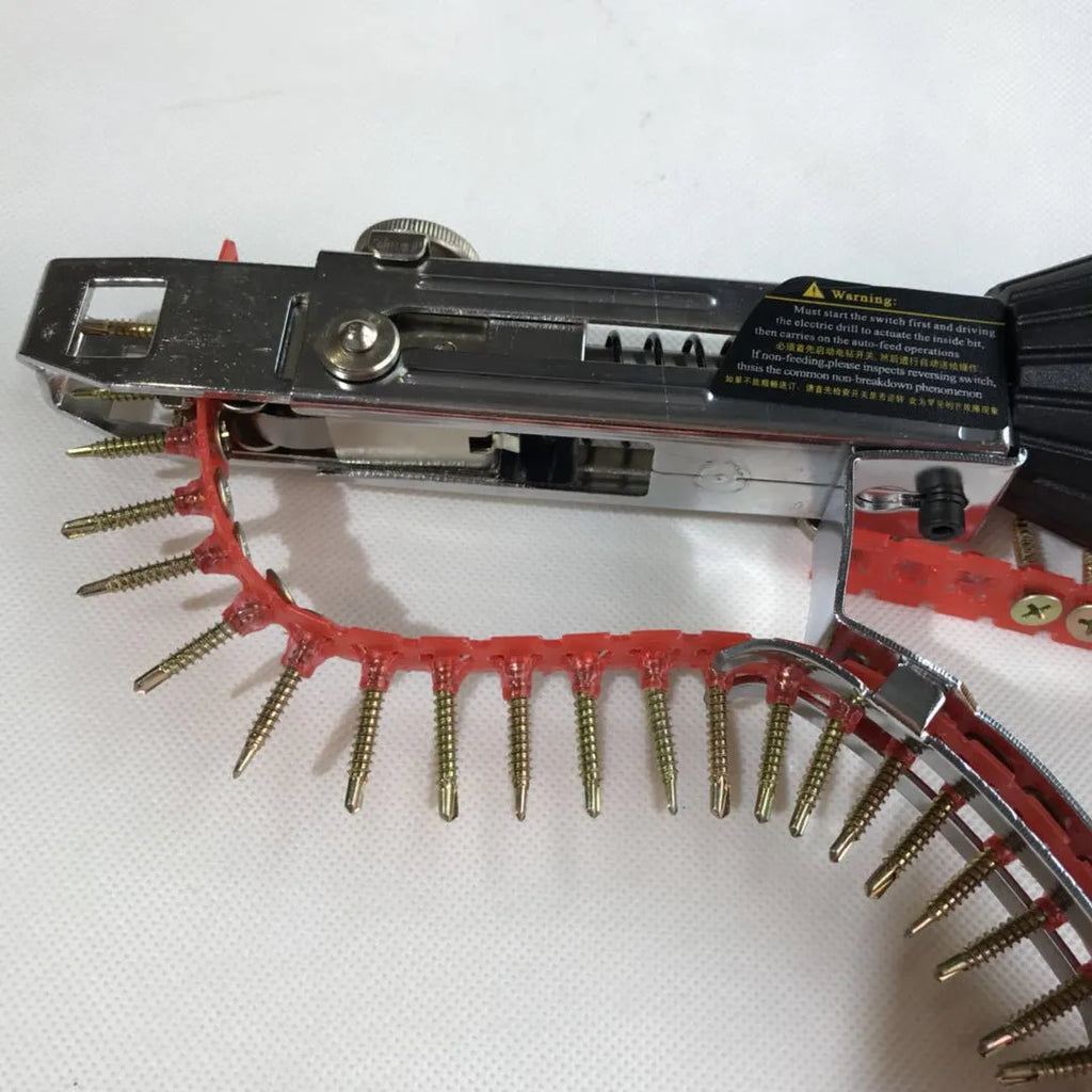 Yellow handheld rechargeable electric chain belt screw machine with pistol grip.