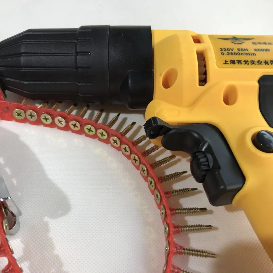 Yellow handheld rechargeable electric chain belt screw machine with pistol grip.